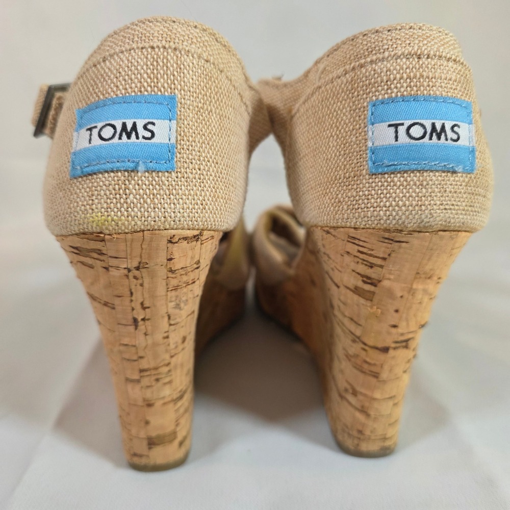TOMS Sienna Cork Wedge Sandals Womens 6.5 Tan Natural Linen Adjustable Strap - Picture 3 of 5